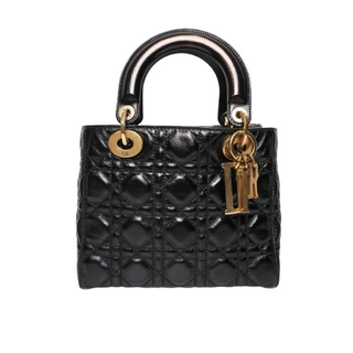 Lady Dior Bag Cannage Quilted Crinkled Patent Medium Black