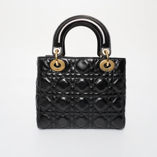 Lady Dior Bag Cannage Quilted Crinkled Patent Medium Black