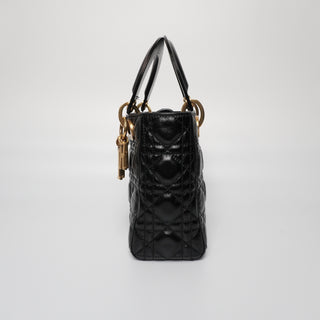 Lady Dior Bag Cannage Quilted Crinkled Patent Medium Black